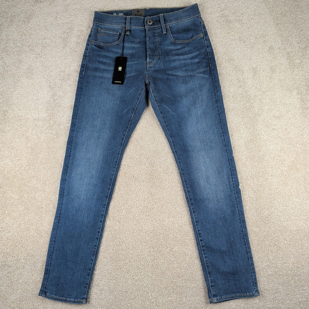 G-Star RAW Jeans Mens 28x30 Faded Blue 3301 Slim Stretch Denim Button Fly $180